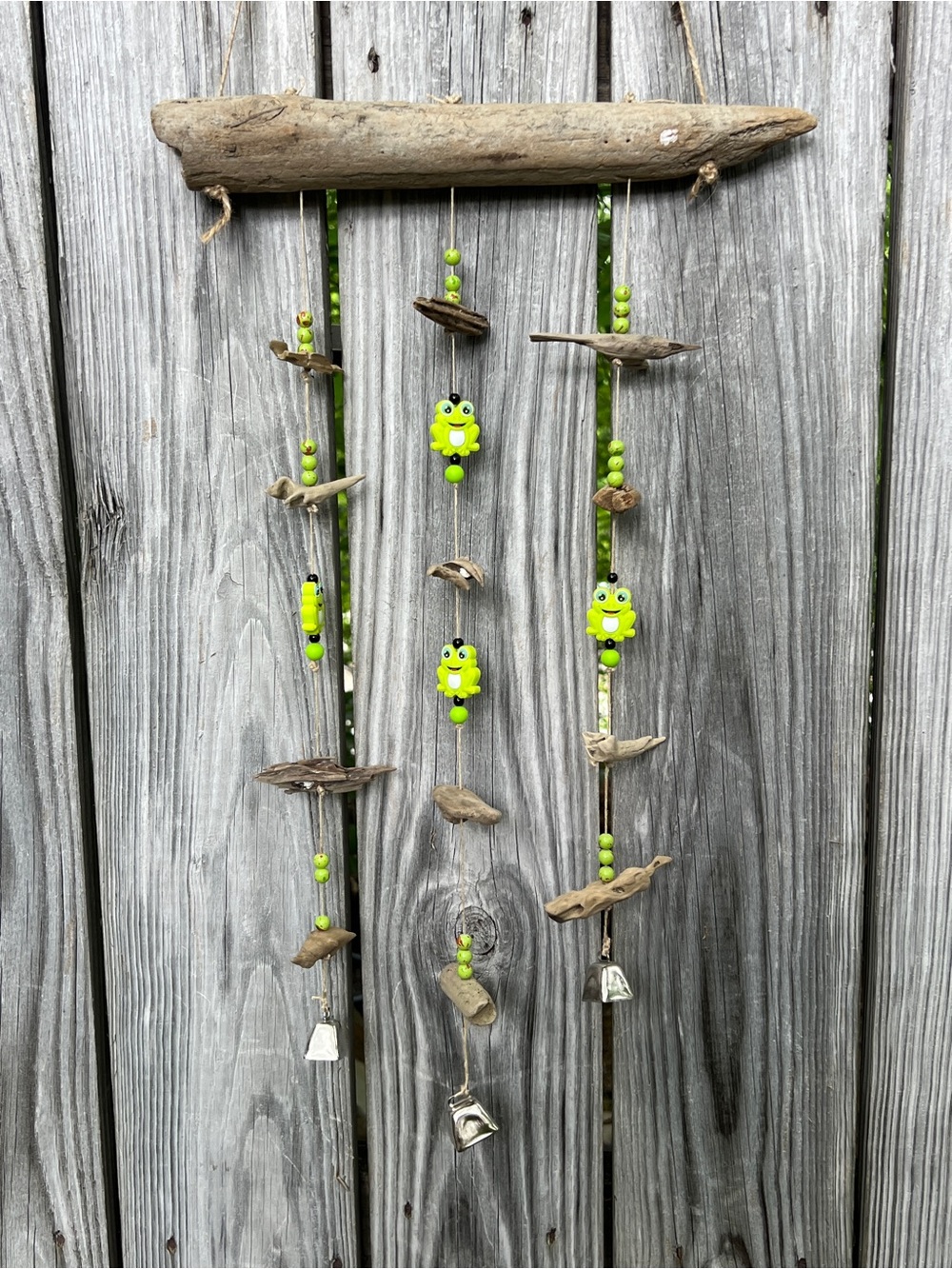 Hand Crafted Bright Lime Green Frog Driftwood Hanging windchime with bells
